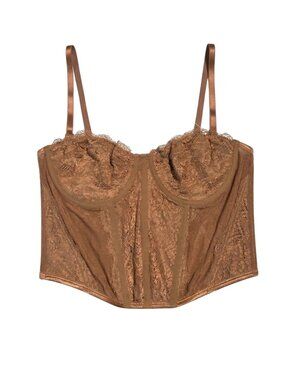 NWT | Chocolate Brown Floral Lace Boned Corset Bustier Top Hook-and-Eye | XL